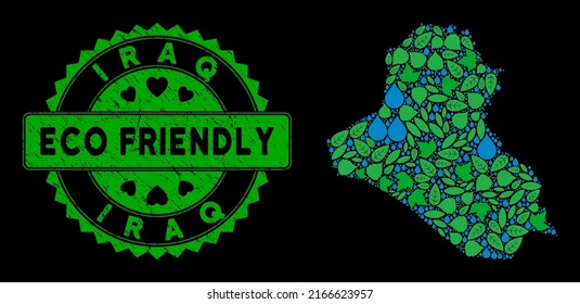 Eco Iraq map collage of plant leaves and water drops, and ECO FRIENDLY award medallion. Iraq map is formed of green floral icons and blue liquid drops. Abstract geographic plan for Iraq map.
