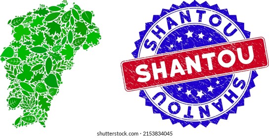 Collage de mapas de hojas de hierbas en tonos verdes de la provincia de Jiangxi con sello de sello de sello Shantou bicolor. Sello bicolores rojo y azul con estilo grunge y etiqueta Shantou.