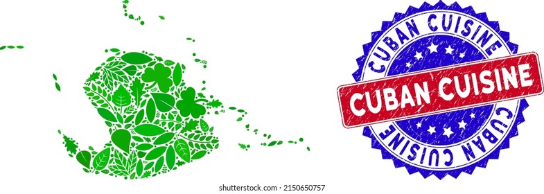 Eco Juventud Island map composition of floral leaves in green color tints and grunge bicolor Cuban Cuisine stamp. Red and blue bicolored stamp with grunge texture and Cuban Cuisine caption.