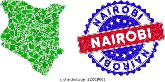 Eco Kenya map collage of herbal leaves in green color variations and grunge bicolor Nairobi seal. Red and blue bicolored seal with unclean texture and Nairobi text.
