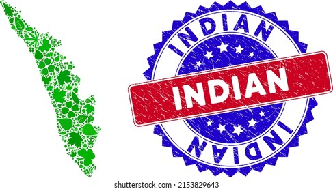 Eco Kerala State map collage of herbal leaves in green color tones and grunge bicolor Indian seal. Red and blue bicolored seal with grunge style and Indian word.
