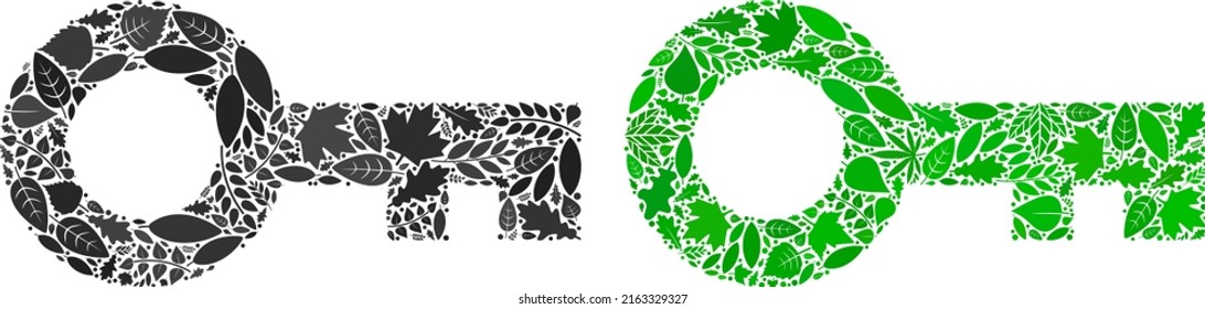 Composición de ícono de clave ecológica de hojas de hierbas en tingles de color verde y natural. Concepto de vector de entorno ecológico para icono de clave. La imagen vectorial clave está formada por íconos de hierbas verdes.