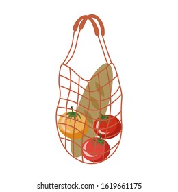 Eco knitted shopping bag. There are tomatoes and baguette in the bag. Zero waste. Flat vector illustration