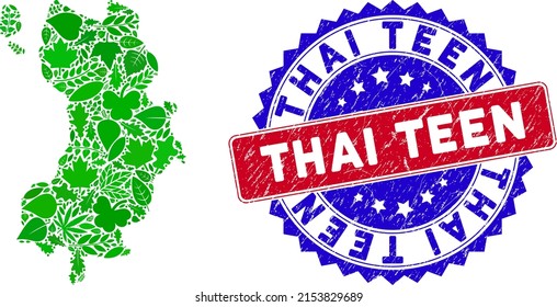 Eco Ko Tao map composition of herbal leaves in green color hues with grunge bicolor Thai Teen stamp. Red and blue bicolored watermark with grunge texture and Thai Teen slogan.