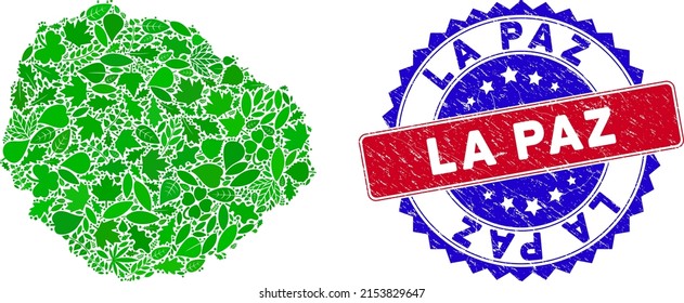 Eco La Gomera Island map collage of plant leaves in green color hues with grunge bicolor La Paz seal stamp. Red and blue bicolored seal with unclean texture and La Paz word.