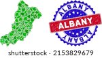 Eco La Graciosa Island map composition of floral leaves in green color variations and grunge bicolor Albany seal stamp. Red and blue bicolored seal with scratched surface and Albany caption.