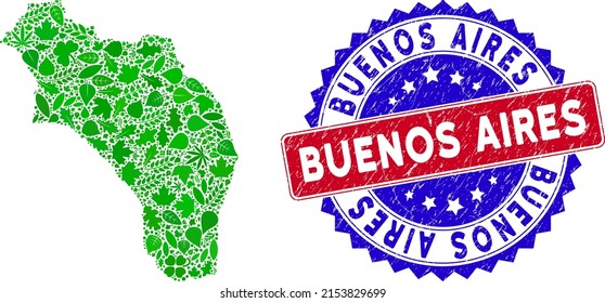 Eco La Rioja of Argentina map collage of herbal leaves in green color hues and grunge bicolor Buenos Aires seal stamp. Red and blue bicolored seal with unclean surface and Buenos Aires phrase.