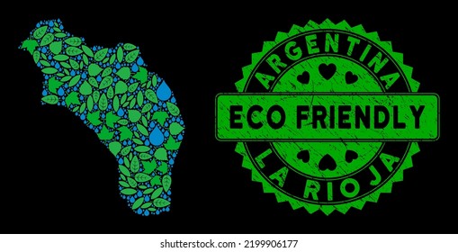 Eco La Rioja von Argentinien Karte Mosaik von Blumenblättern und Wassertauben, und ECO FRIENDLY Abzeichen Medaillon. La Rioja von Argentinien Karte ist aus grünen Blumenelementen und blauen Wassertropfen.