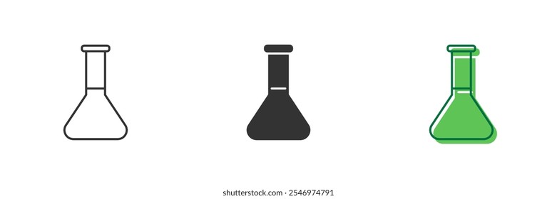 Eco Lab Flask Line and Silhouette Icon Set. Laboratory Beakers Representing Environmental Chemistry. Organic Scientific Lab Icon. Editable Stroke. Isolated Vector Illustration.