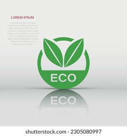Eco label badge vector icon in flat style. Organic product stamp illustration on white isolated background. Eco natural food concept.