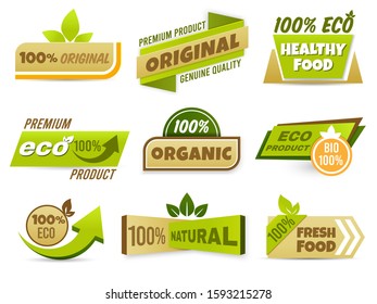 Eco label banner. Healthy food labels, eco bio product and natural organic emblem badges vector set. 100 percent genuine production tags collection. Freshness and quality assurance stickers pack