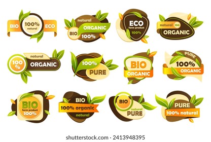 Eco label and bio sticker, natural, organic tag. Vector images for shop or store, green market grocery. Set of isolated sticky badge for vegetable and fruit. Stamp for farm plant. Nutrition theme.