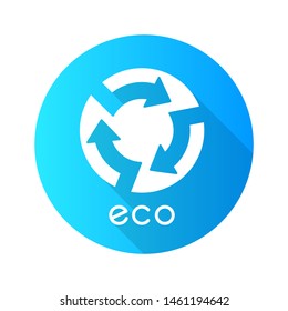 Eco label blue flat design long shadow glyph icon. Circle with cut arrows inside sign. Recycle symbol. Environmental protection sticker. Eco friendly chemicals. Vector silhouette illustration