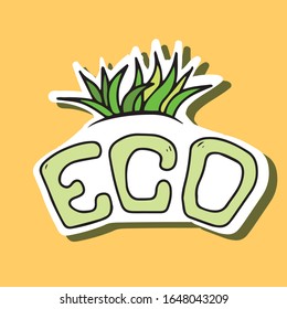 ECO label and a bunch of green grass on top. Environmental sticker, badge, emblem, label.Vector graphics 