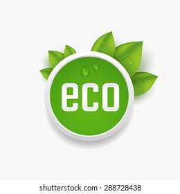 Eco label, button with green leaves and dewdrop. Vector illustration