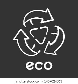Eco label chalk icon. Three rounded arrow signs with triangle in center. Recycle symbol. Environmental protection sticker. Eco friendly chemical. Organic cosmetics. Isolated chalkboard illustration