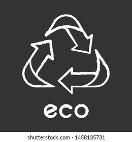 Eco label chalk icon. Three angled arrow signs. Recycle symbol. Alternative energy. Environmental protection sticker. Eco friendly chemicals. Organic cosmetics. Isolated vector chalkboard illustration