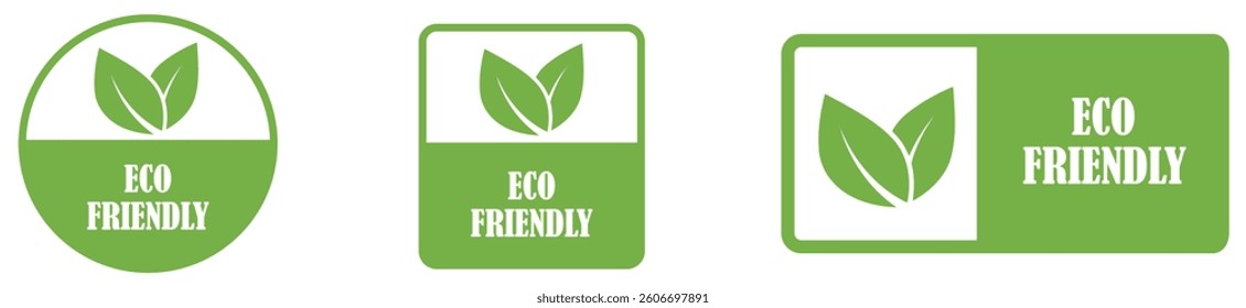 Eco label with clean green leaf symbol and bold eco friendly text, ideal for product tags, packaging marks, natural goods and sustainability indicators.