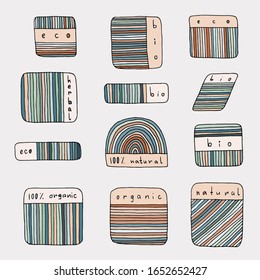 Colección de etiquetas ecológicas para el diseño de paquetes, estilo doodle, verde y rayado, eps8