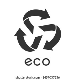 Eco label glyph icon. Three rounded arrows coming out of center sign. Recycle symbol. Environmental protection sticker. Organic cosmetics. Silhouette symbol. Negative space. Vector illustration