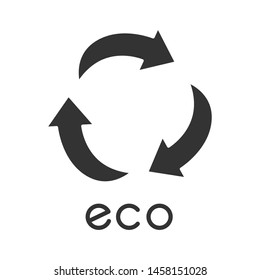 Eco label glyph icon. Three curved arrow signs. Recycle symbol. Alternative energy. Environmental protection sticker. Organic cosmetics. Silhouette symbol. Negative space. Vector isolated illustration