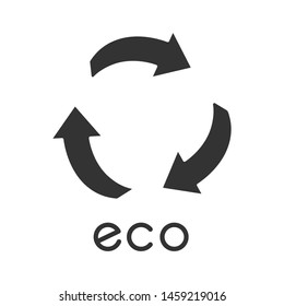Eco label glyph icon. Three curved arrow signs. Recycle symbol. Environmental protection sticker. Alternative energy. Organic cosmetics. Silhouette symbol. Negative space. Vector isolated illustration