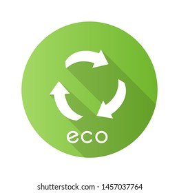 Eco label green flat design long shadow glyph icon. Three curved arrows. Recycle symbol. Alternative energy. Environmental protection sticker. Eco friendly chemicals. Vector silhouette illustration