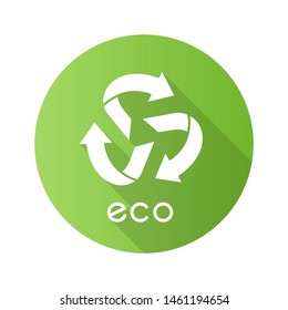 Eco label green flat design long shadow glyph icon. Three rounded arrows coming out of center sign. Recycle symbol. Environmental protection sticker. Organic cosmetics. Vector silhouette illustration