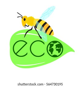 Eco label with green leaf and bee up. Ecology concept