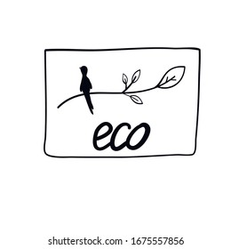 Eco label with the image of a bird on a twig. Icon for natural products packaging, clothing and food pack. Eco sign, ecological tag stamp, logo shape label design for recyclable goods.