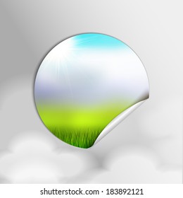 Eco label with landscape background. Blured background with clouds. Vector illustration.