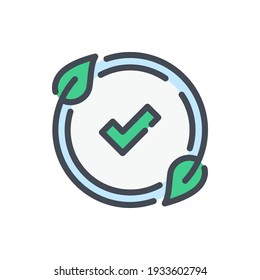 Eco label with leaves and checkmark color line icon. Eco acceptance vector outline colorful sign.