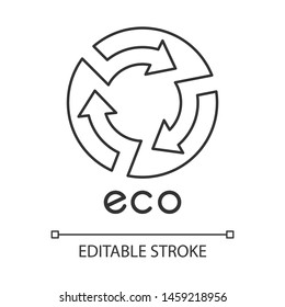 Eco Label Linear Icon. Circle With Cut Arrows Inside Sign. Recycle Symbol. Environmental Protection Sticker. Thin Line Illustration. Contour Symbol. Vector Isolated Outline Drawing. Editable Stroke