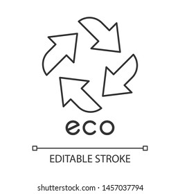 Eco label linear icon. Four straight arrow signs. Recycle symbol. Alternative energy. Environmental protection sticker. Thin line illustration. Contour symbol. Vector isolated drawing. Editable stroke