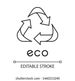 Eco label linear icon. Three angled arrow signs. Recycle symbol. Alternative energy. Environmental protection sticker. Thin line illustration. Contour symbol. Vector isolated drawing. Editable stroke
