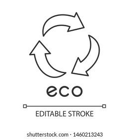 Eco label linear icon. Three curved arrow signs. Environmental protection sticker. Organic cosmetics. Thin line illustration. Recycle contour symbol. Vector isolated outline drawing. Editable stroke
