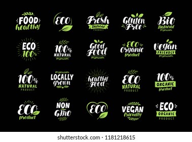 Eco label or logo. Set of healthy natural, organic product badges. Vector lettering