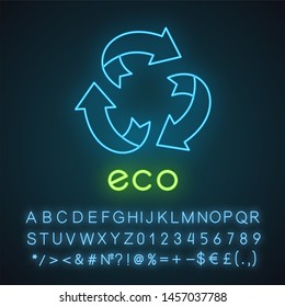 Eco label neon light icon. Three rounded arrow signs. Recycle symbol. Environmental protection sticker. Alternative energy. Glowing sign with alphabet, numbers and symbol. Vector isolated illustration