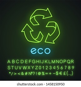 Eco label neon light icon. Three rounded arrow signs. Recycle symbol. Alternative energy. Environmental protection sticker. Glowing sign with alphabet, numbers and symbol. Vector isolated illustration