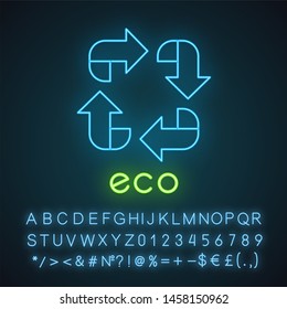 Eco label neon light icon. Four angled arrow signs. Recycle symbol. Alternative energy. Environmental protection sticker. Glowing sign with alphabet, numbers and symbols. Vector isolated illustration