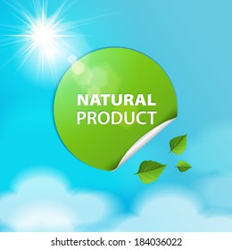 Eco label on blue sky background with sun and leaves. Vector illustration.