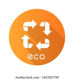 Eco label yellow flat design long shadow glyph icon. Four angled arrow signs. Recycle symbol. Alternative energy. Environmental protection sticker. Vector silhouette illustration