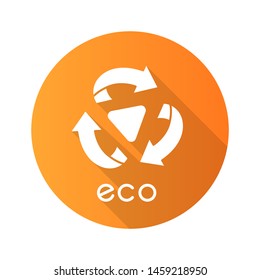 Eco label yellow flat design long shadow glyph icon. Three rounded arrow signs, triangle in center. Recycle symbol. Environmental protection sticker. Organic cosmetics. Vector silhouette illustration