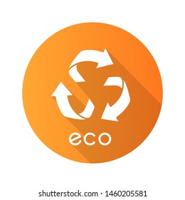 Eco label yellow flat design long shadow glyph icon. Three rounded arrow signs. Recycle symbol. Alternative energy. Environmental protection sticker. Organic cosmetics. Vector silhouette illustration