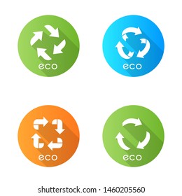 Eco labels green flat design long shadow glyph icons set. Arrows signs. Recycle symbols. Alternative energy. Environmental protection stickers. Eco friendly chemicals. Vector silhouette illustration
