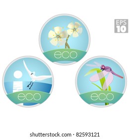 Eco labels or icons for the oceans, birds, insects, plants, cherry blossoms.