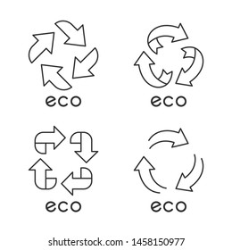 Eco labels linear icons set. Arrows signs. Recycle symbols. Alternative energy. Environmental protection stickers. Thin line contour symbols. Isolated vector outline illustrations. Editable stroke