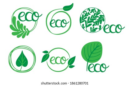 Eco labels. Oganic green circle frames with leaves and branches, bio products stamps, ecology friendly emblem set, quality product badge promotion decoration element hand drawn illustration