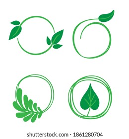 Eco labels. Oganic green circle frames with leaves and branches, bio products stamps, ecology friendly emblem set, quality product badge promotion decoration element hand drawn illustration