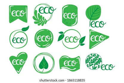 Eco labels. Oganic green circle frames with leaves and branches, bio products stamps collection, ecology friendly emblem set, quality product badge promotion decoration element hand drawn illustration